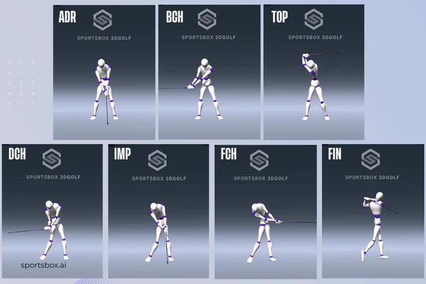 3D model of a golfer in various swing positions, demonstrating improvements through Sportsbox 3D Studio